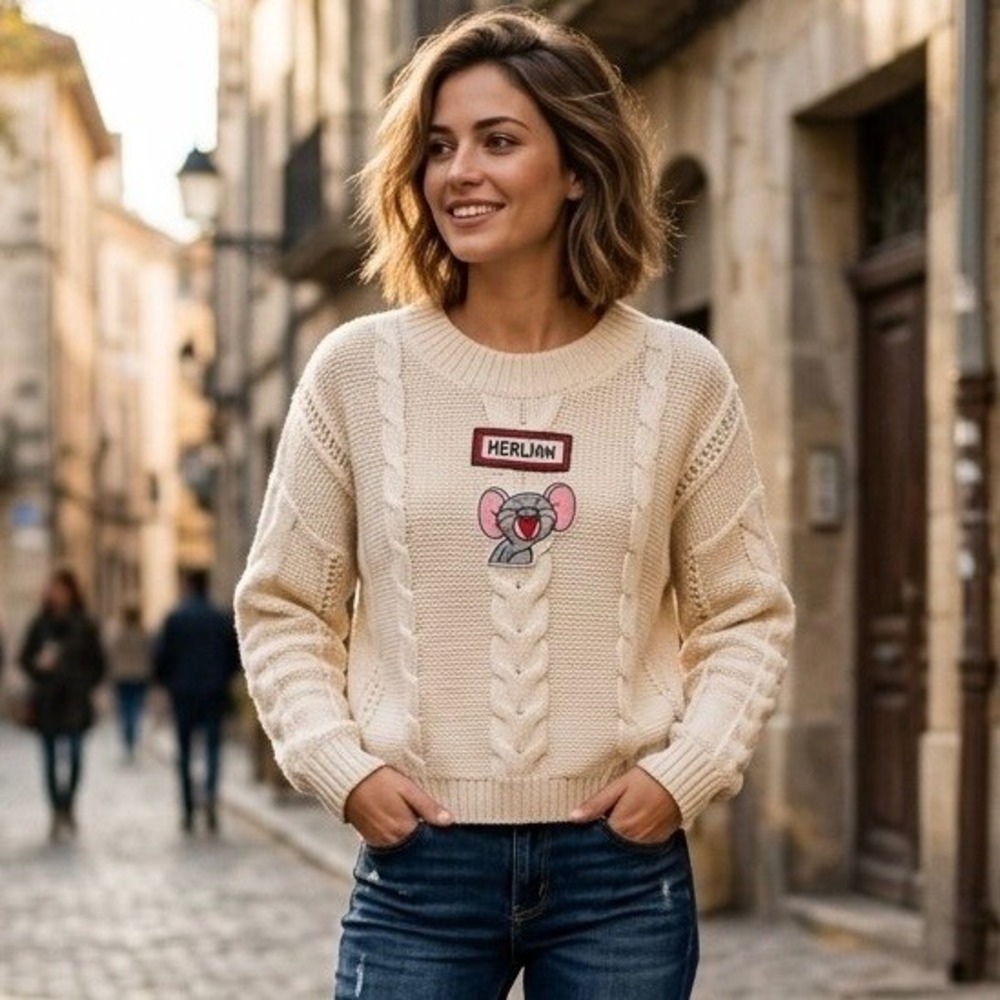 HERLIAN Designer Cream 100% Wool Cable Knit Mouse Patch Sweater - Size M